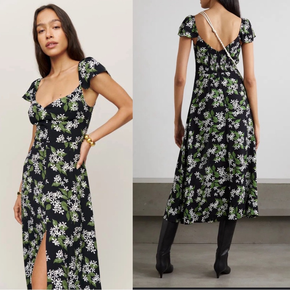 Reformation Black and Green Floral Midi Dress